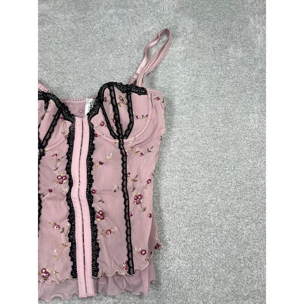 Rampage Pink Floral Embroidered Mesh Bustier Corset Top Black Lace Trim 34B Y2K‎ - Picture 12 of 12